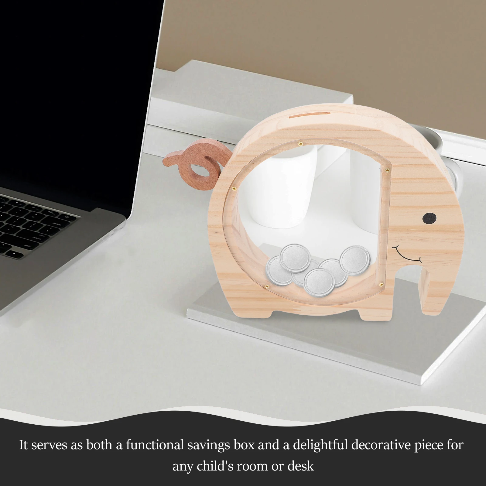 Drewniany skarbonka dla dzieci w kształcie słonia, przezroczysty pojemnik na monety, kreatywna skarbonka, uroczy zwierzęcy wystrój pokoju, skarbonka dla dzieci.