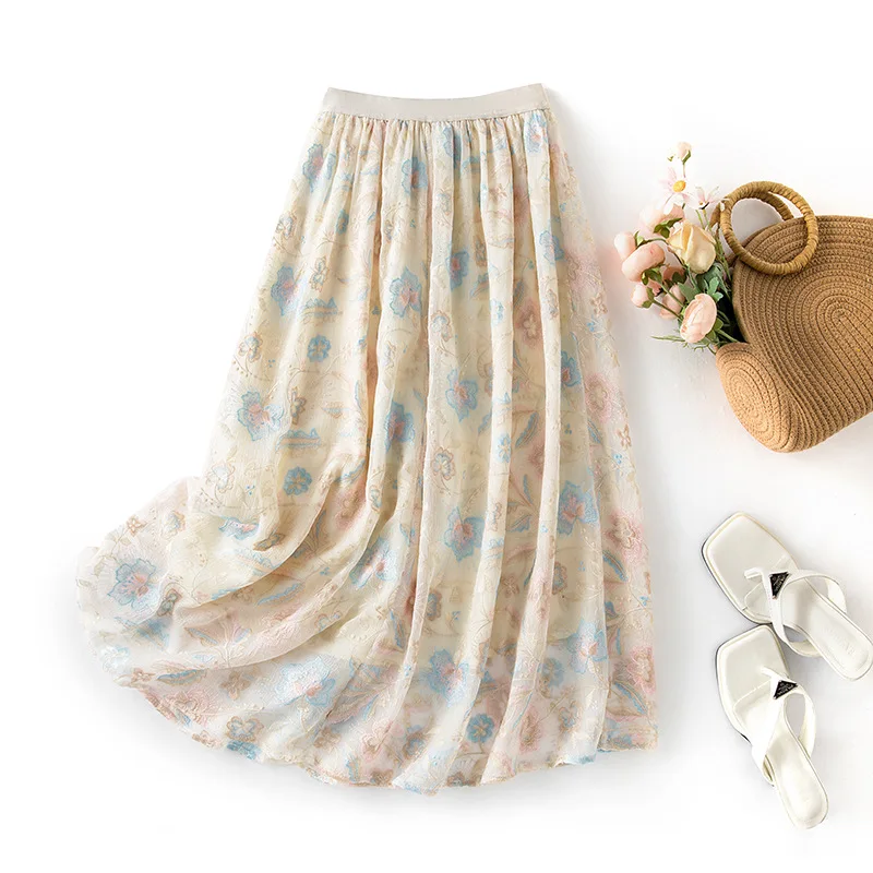 Winsleter-8MM 100%Silk Elegant Skirts, Elastic Waist Embroidery, Women Vacation Party Thin A-line Skirt, 2026 Autumn B67071CC