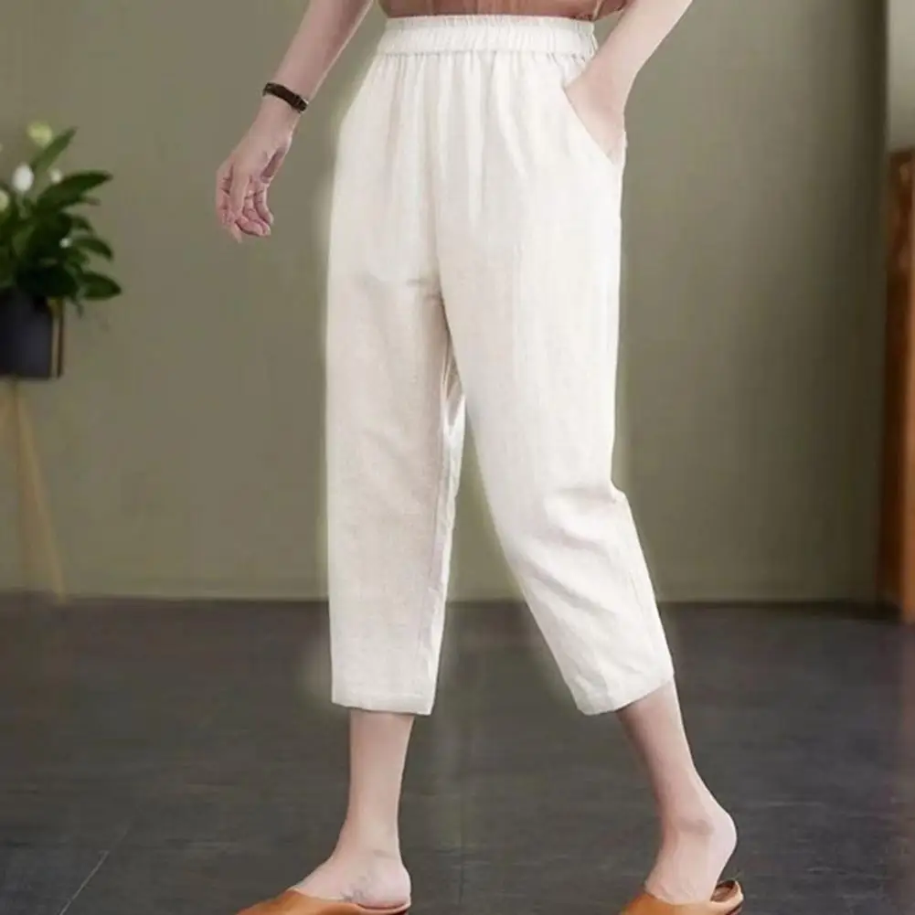 Calça harém de estilo literário feminina, elegante, meio da panturrilha, elástico na cintura, bolsos monocromáticos, recortada, roupa casual, verão