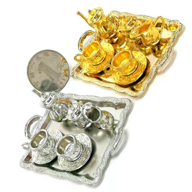 1: 12 Miniature Dining Ware Metal Tea Cup Plate Set Dollhouse Furniture 10Pcs