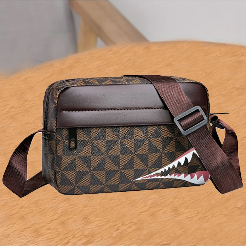 Bolso Bandolera con Estampado Geométrico para Hombre, Bolso Retro con Diseño de Boca de Tiburón, Correa Ajustable, Estilo Casual