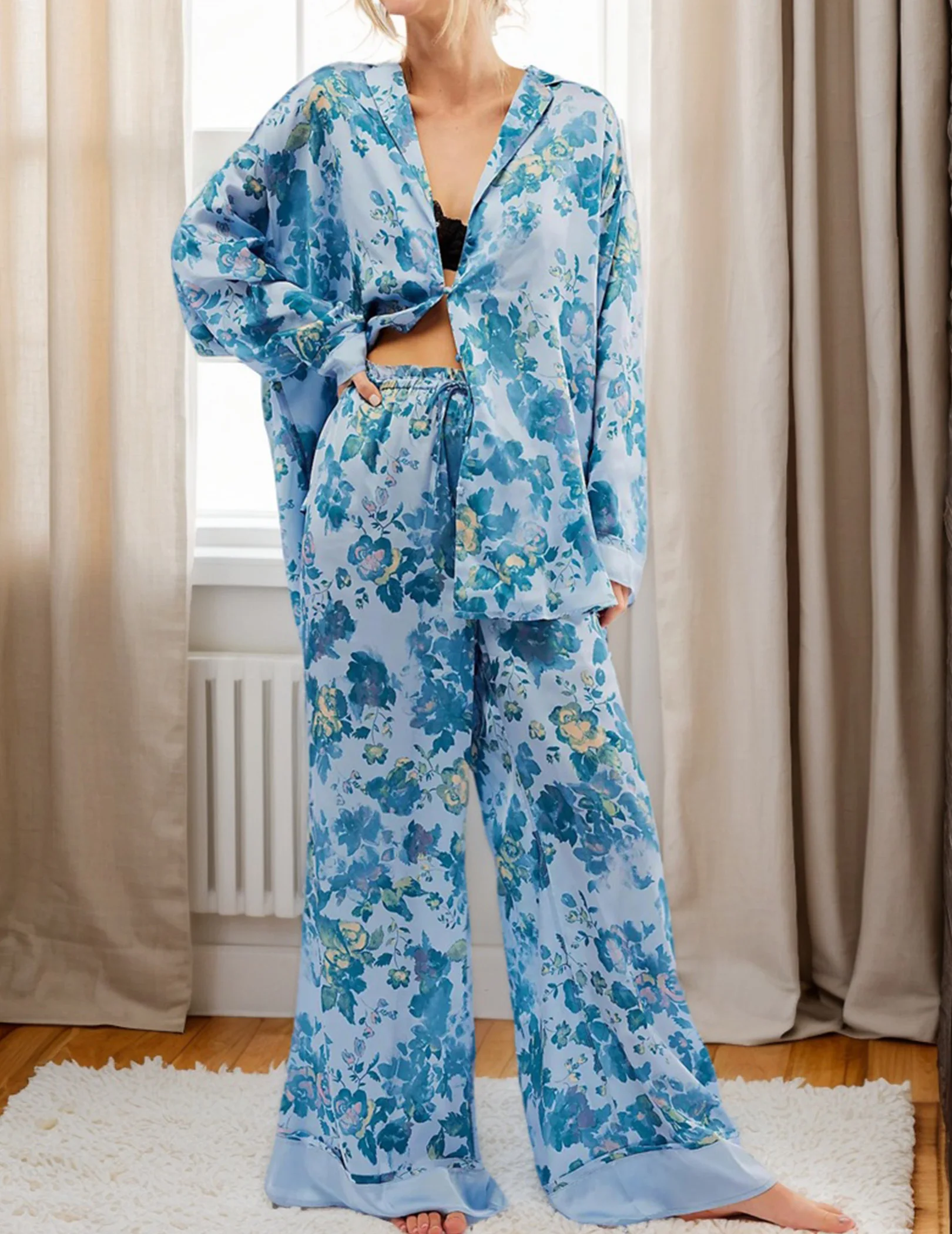 

Women 2 Piece Lounge Sets Button Down Shirts Wide Leg Pants Pjs (Blue L)
