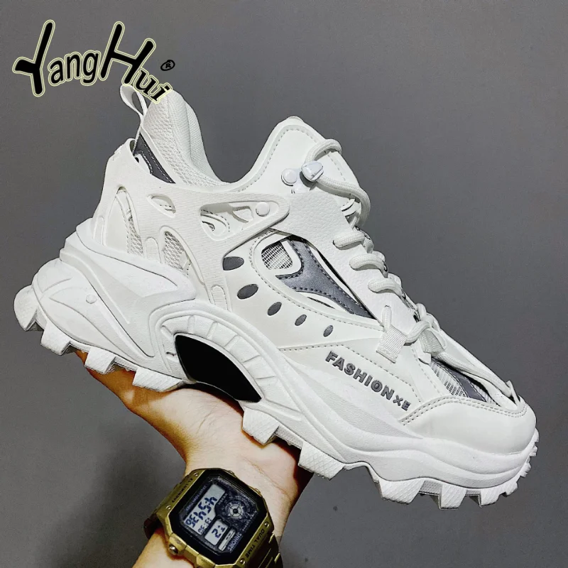 Men\'s Shoes Harajuku Style Mesh Breathable Casual Sneakers 2023 Fashion Khaki Increase Platform Waterproof Shoes Spring Autumn