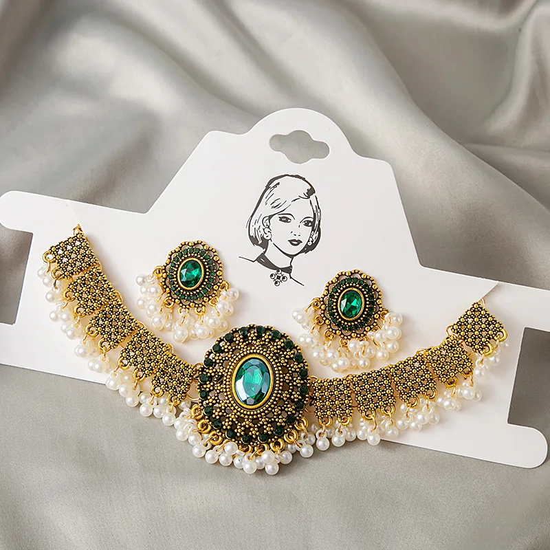 Luxury Vintage Women\'s Jewelry Set Gold Plated White Crystal Zircon Necklace Earrings Sets Bridal Wedding Jewelry Set 2023 New