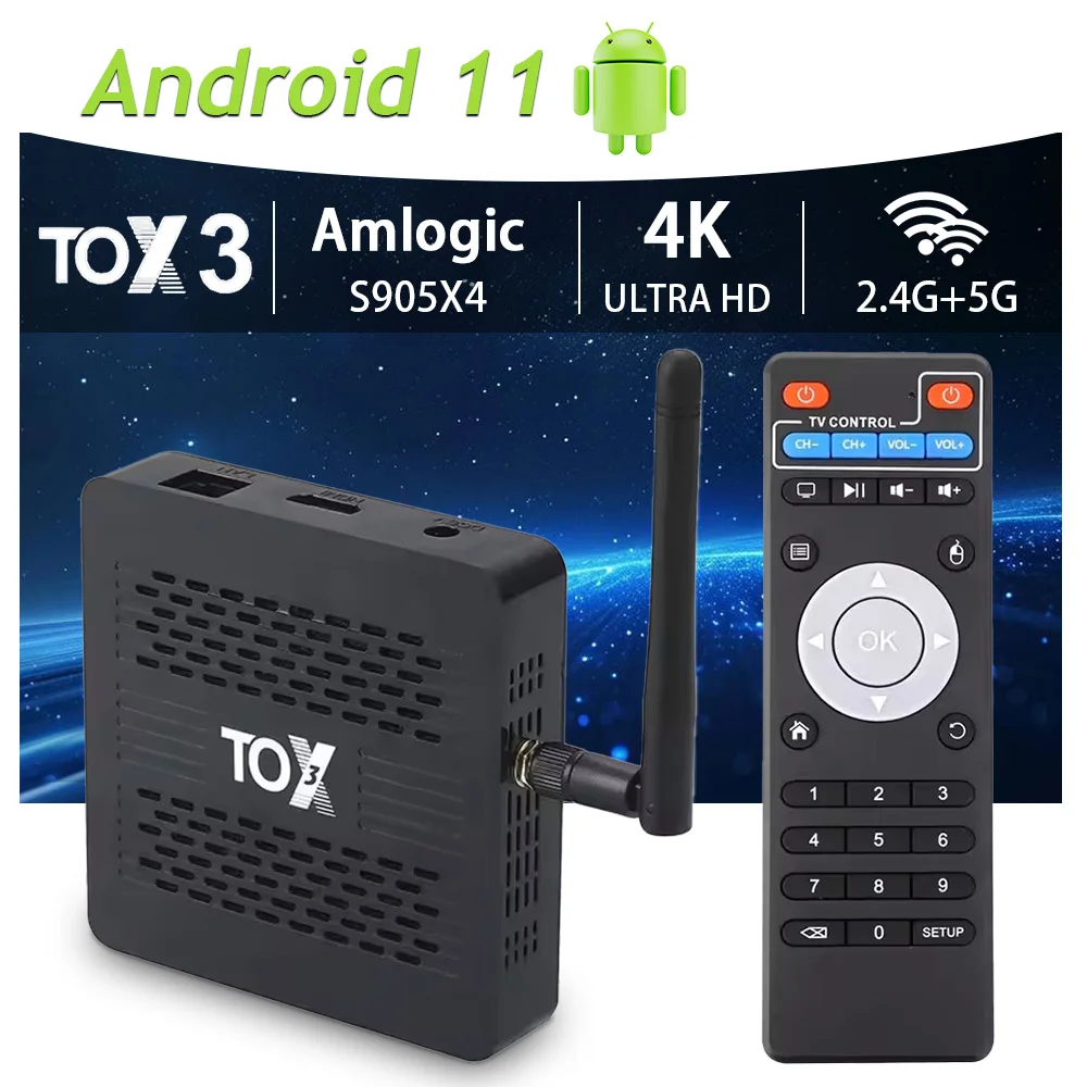 UGOOS TOX3 Android 11 Smart TV Box Amlogic S905X4 AV1 2.4G 5G Dual Wifi BT4.1 1000M USB3.0 4GB 32GB Set Top Box Media Player