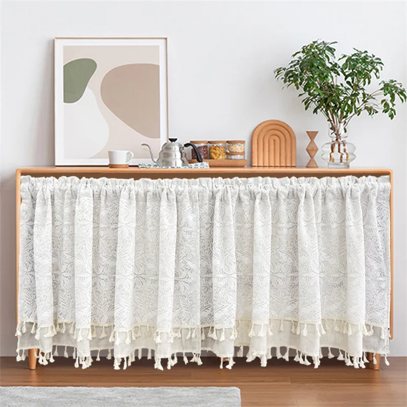 Boho Curtain Valance White Lace Sheer for Kitchen Bathroom Farmhouse Cafe Double Layer Curtain with Tassel Trim Half Window