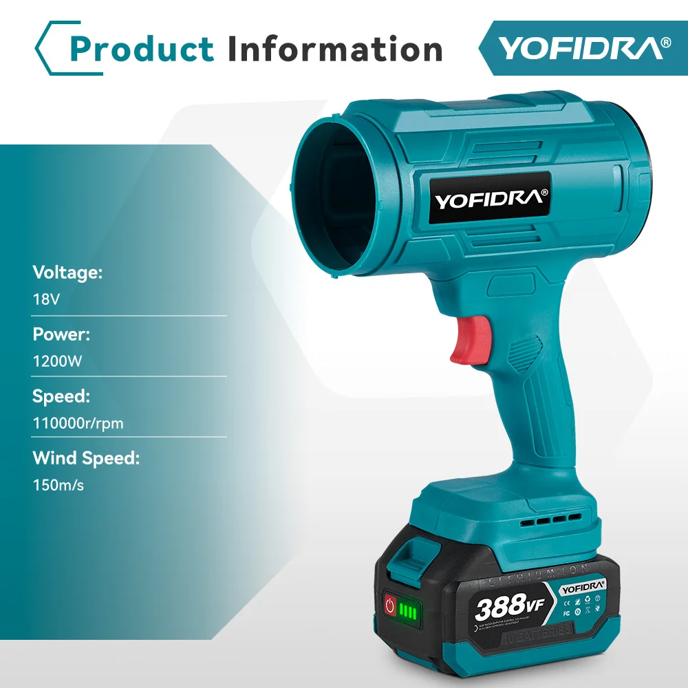 YOFIDRA 1200 واط 150 متر/الثانية التوجه العنيفة مروحة تربو اللاسلكي ستبليس سرعة منفاخ مروحة تربو ورقة منظف الغبار لبطارية ماكيتا دبوس