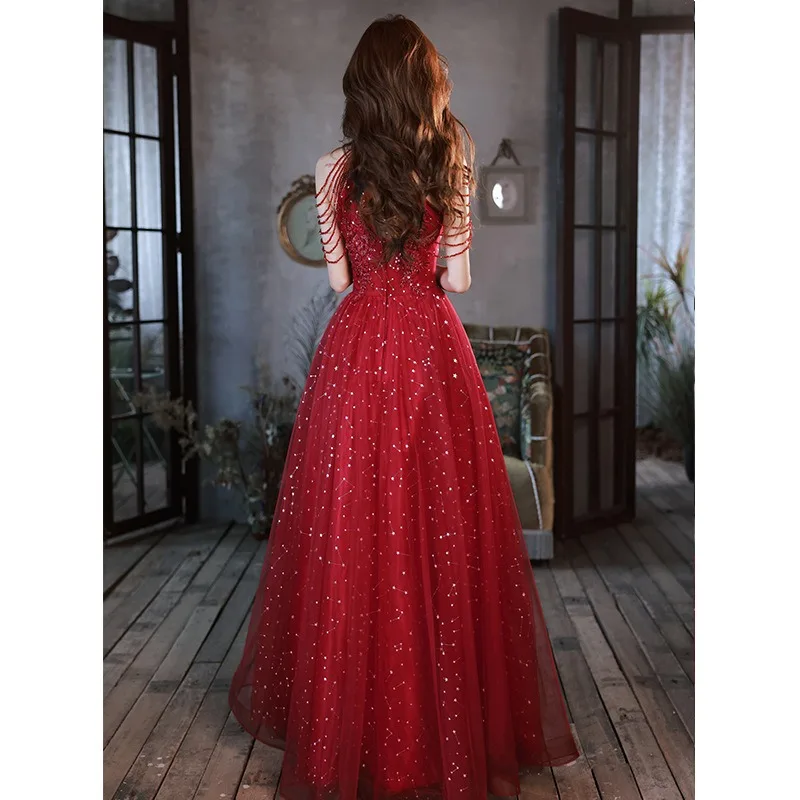 Customized Luxury Wine Sequined Tassel Sleeve Evening Dress Long Lady Pregnant Women Prom Evening Performance Banquet Party Dre