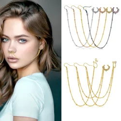 Trendy Nose Rings for Women Connecting Earrings Small Crystal Sequin Fake Nostril Piercing Clip Jewelry Nose to Ear Chain