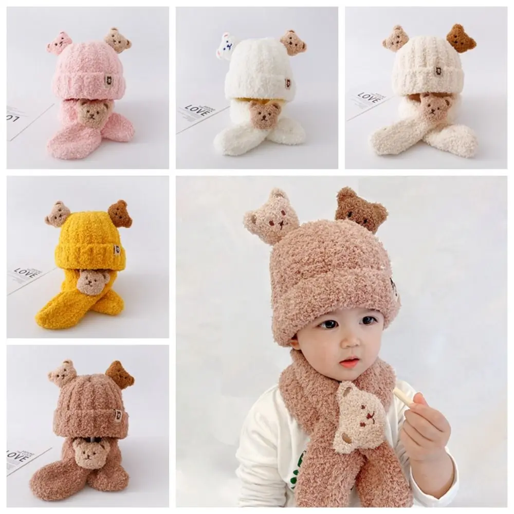 Warm Korean Style Cute Bear Scarf Hat Set Knitting Cartoon 3D Doll Plush Beanie Cloth Accessories Muffler Solid Neckerchief Baby