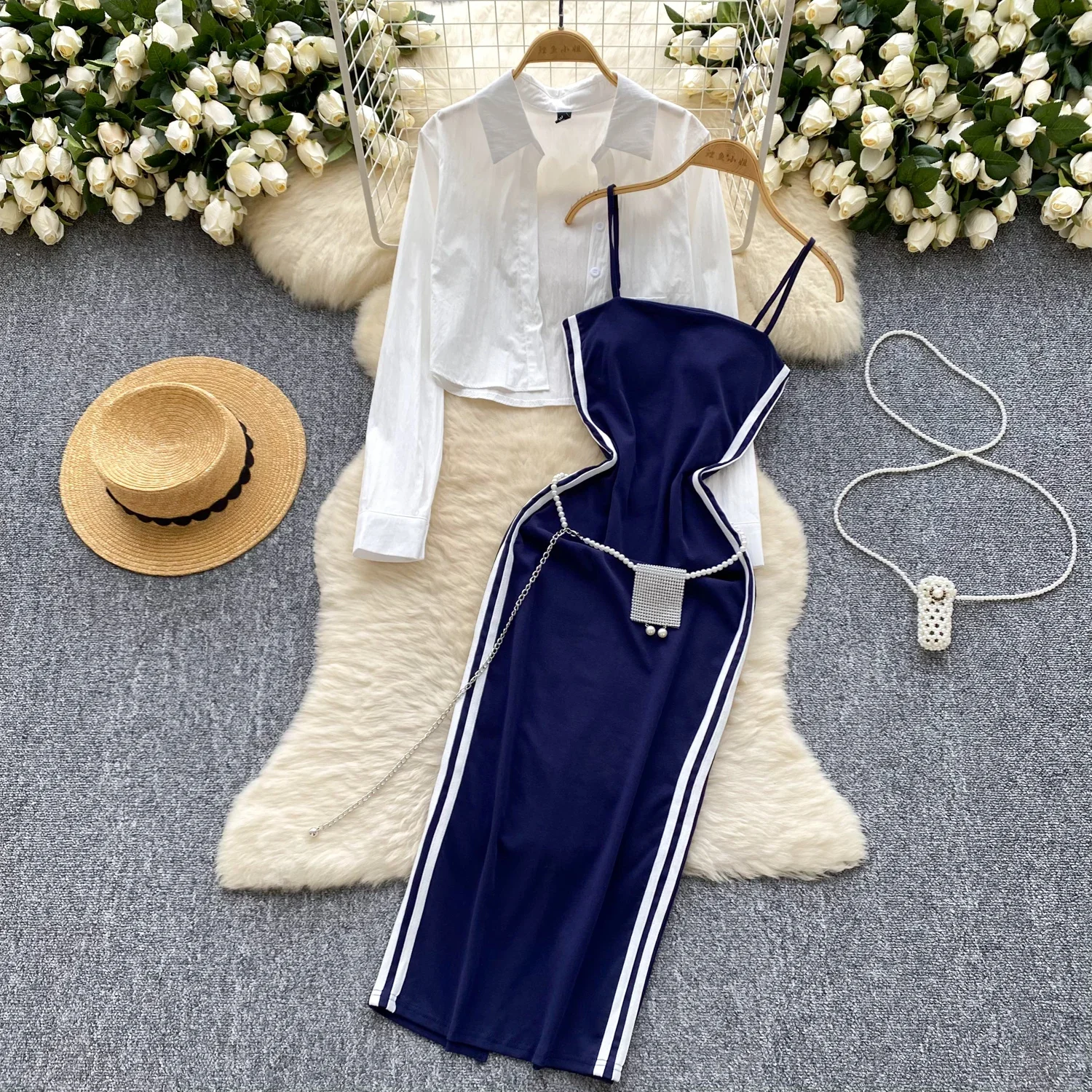 Women Two-Piece Sets Vintage Long Sleeve Shirt and Bead Chain Sashes Straps Dress Korean Streetwear High Street Autumn Clothing