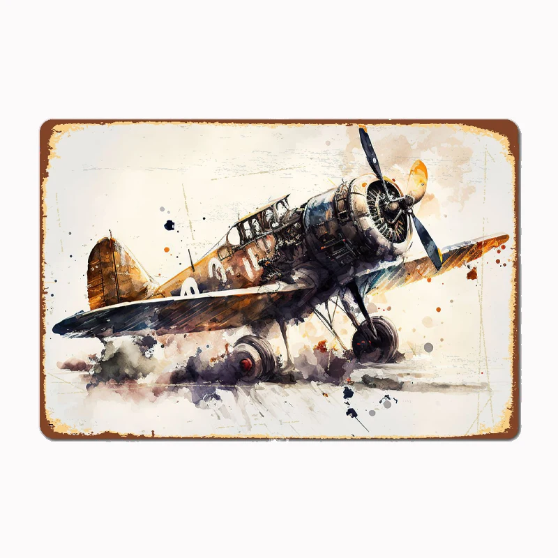 War plane watercolor Metal Sign Metal Poster Garage Room Wall Decoration Cinema Living Custom Tin Vintage Home Decor