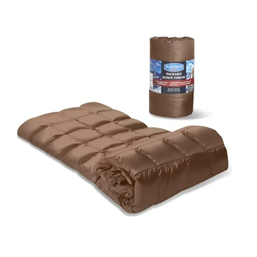 

Down Throw Camping Blanket for outdoor travel, hiking, picnic, RV use; down-filled, puffy warm, 60 x 70, 650 fill power, packab