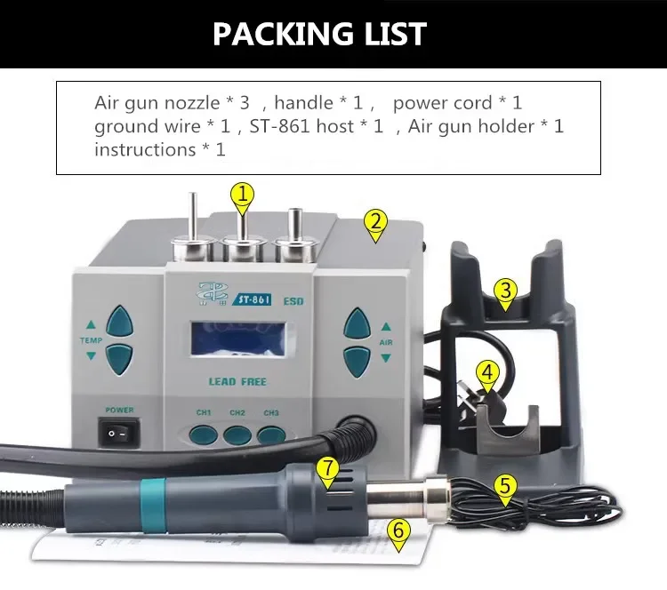 ST-861 Lead-free Adjustable Hot Air Gun Rework Station Soldering 1000W 220V For Phone CPU Chip Repair Same QUICK 861DW