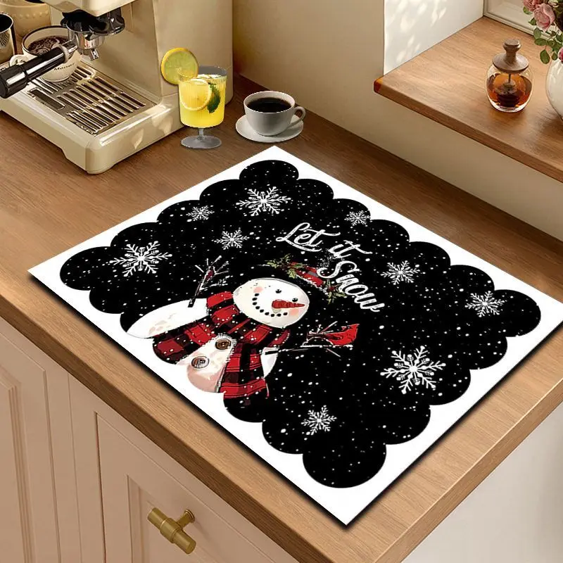 VIKAMA Kitchen Absorbent Mat Plaid Tree White Scallop Non Slip Counter Dish Drying Christmas Decor
