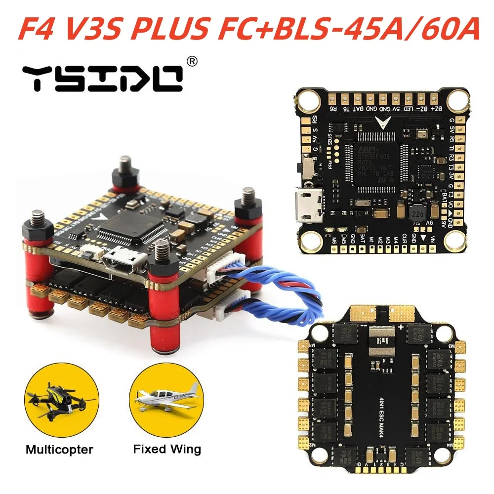 YSIDO NEW F4 V3S PLUS Flight Control FC Support BetaFlight/INAV BLS-45A/60A 4in1 ESC Stack For RC FPV Drone Plane Quadcopter