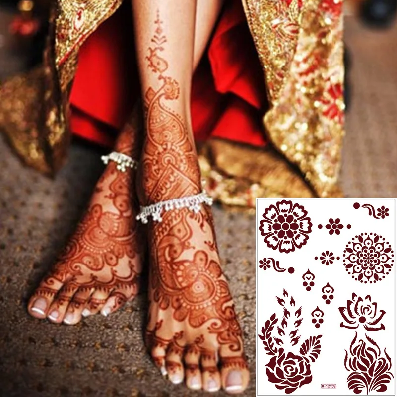 Impermeável Temporária Brown Henna Tatuagem Adesivos, Arte Corporal, Tatuagem Falsa, Peito, Rendas, Mandala, Mãos, Diamante, Flor