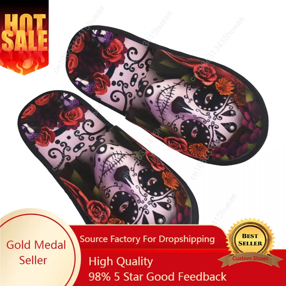 

Halloween Catrina Sugar Skull House Slippers Soft Memory Foam Shoes Day Of The Dead Mexican Lady Comfy Warm Anti-Skid Slipper