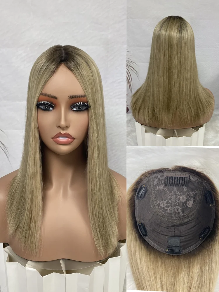

CFGirl 8 "* 8" Топпер Светло-коричневый с бликами Цветная шелковая основа Натуральная кожа головы Свободный пробор для истонченных волос Девственные человеческие волосы