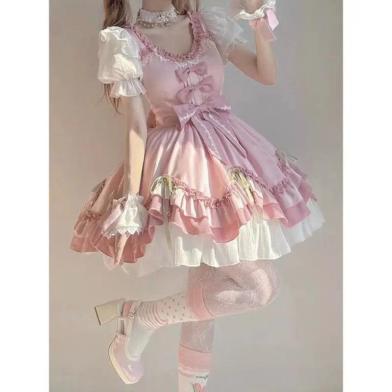 Sweet Pink Gradient Lolita Dress Women Puff Short Sleeve Lace Ruffle Bow Mini Dress Japanese Cute Princess Party Y2k Outfits