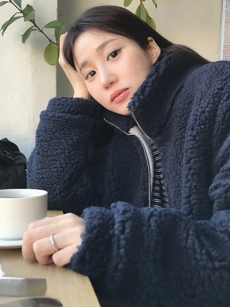 Korean Sle Warm Lamb Fur Jaet Women's Winter Faion Soft Fluffy Anti-Aging Coat Loose Fit Button Closure Ladies Outerwear