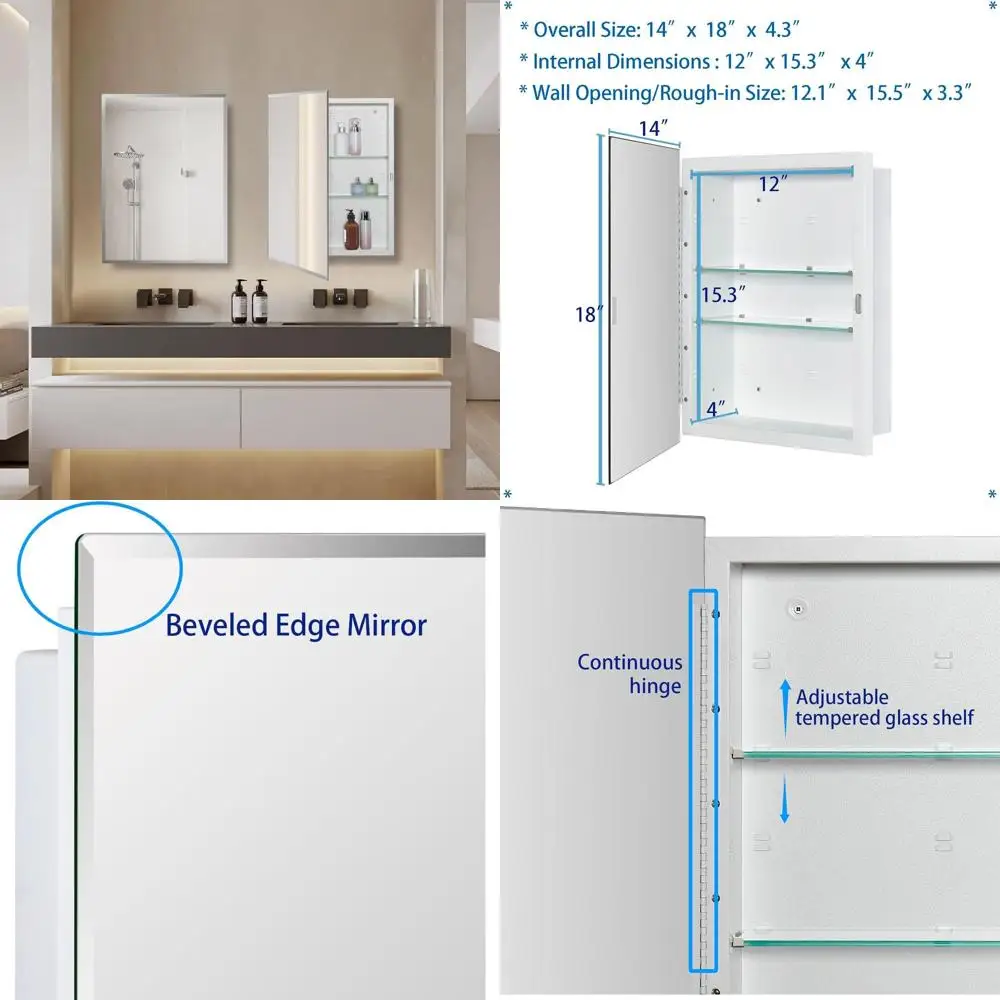 

Bathroom Medicine Cabinet with Beveled Edge Mirrored Door 14 x 18 inch, Recessed or Surface Mount, with Adjustable Glass Shelves