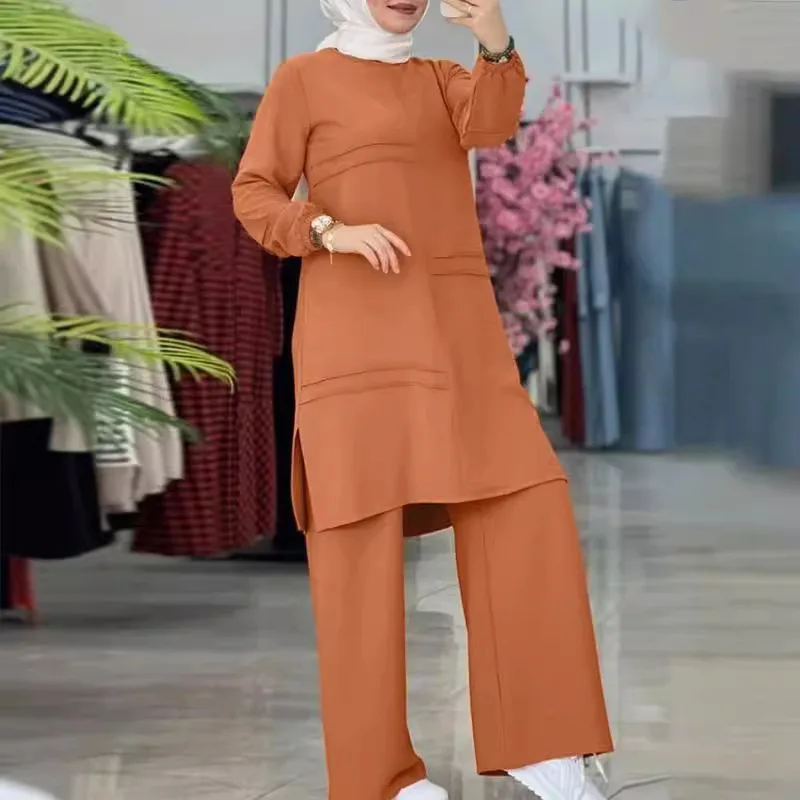 2024 Muslim women's sportswear with parallel bars,  elegant temperament, solid color, long sleeved shirt, wide leg pants set