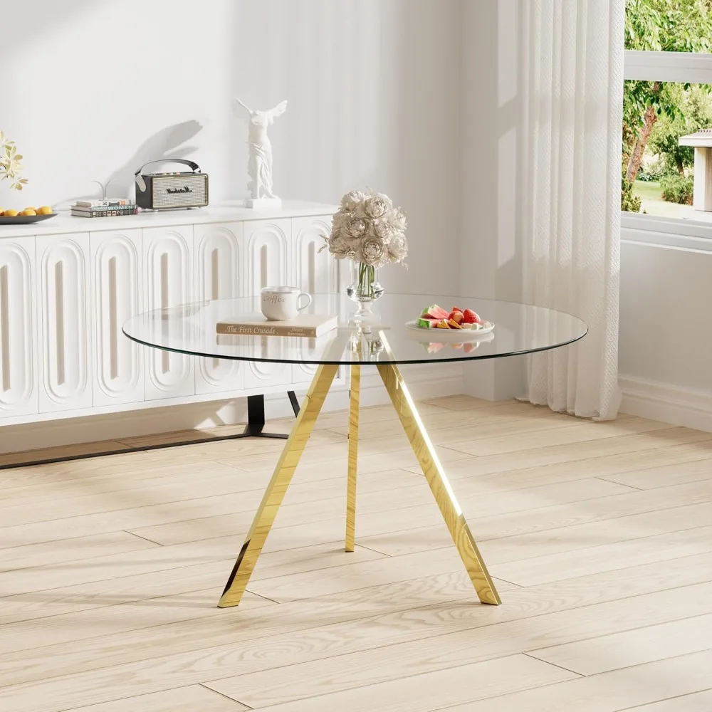 طاولة طعام مستديرة تتسع لـ 4، 39 بوصة، طاولة طعام زجاجية حديثة، طاولة قهوة ترفيهية، طاولة عشاء دائرية للمطبخ، مساحة توفير (ذهبي) #1