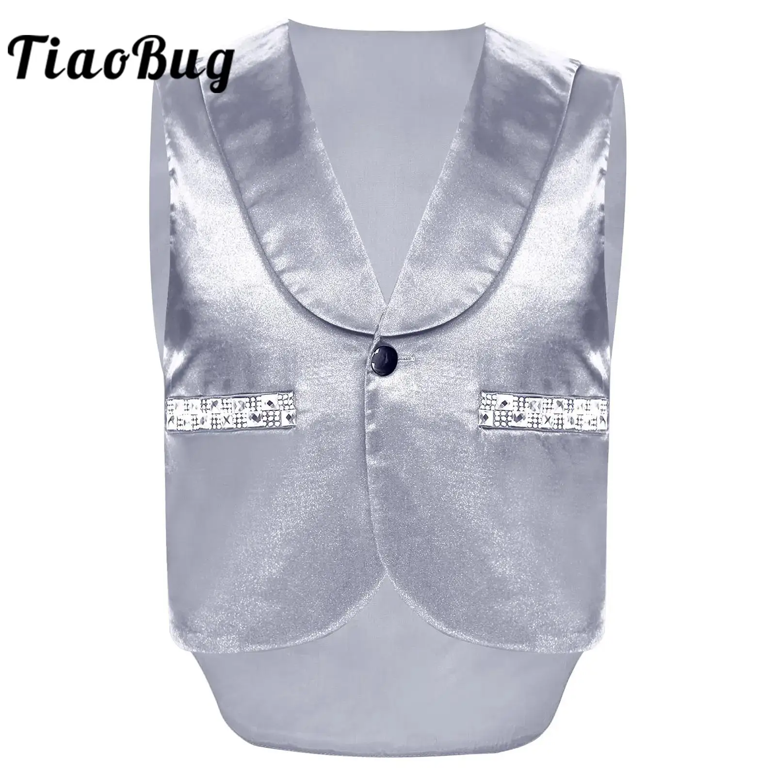 

Kids Boys Shiny Rhinestones Satin Waistcoat One-button Suits Vest Tank Top for Christening Party Birthday Flower Boy's Clothes