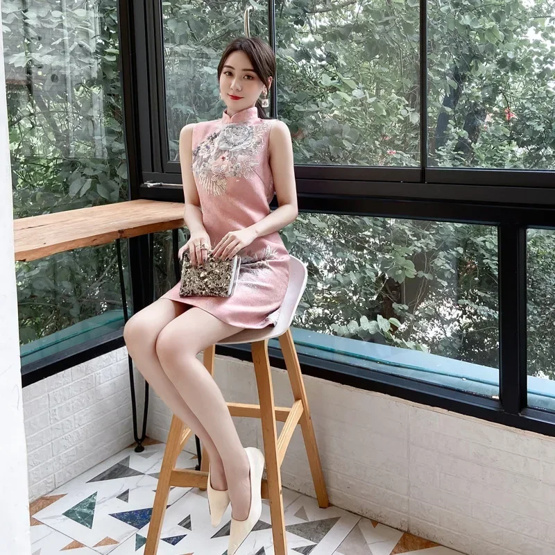 Summer New Vestidos Elegant Dresses Vintage Button Blue Improved Embroidery Flower Qipao Chinese Style Sleeveless Cheongsam