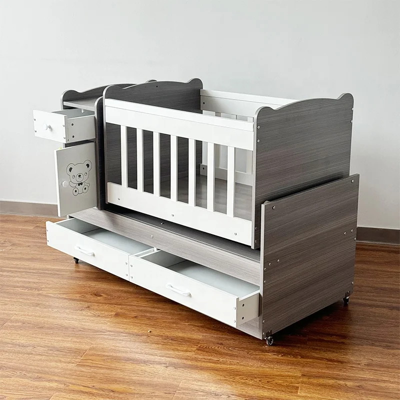 Modern Grey Sleep Baby Rocking Bed Storage Diaper Organizer Wooden Newborn Crib