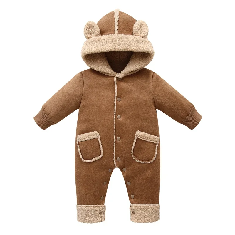 Newborn Baby Winter Thicken Warm Fleece Rompers Toddler Hoodie Zipper Faux Fur One-piece Bodysuit Infant Outfits Jumpsuit