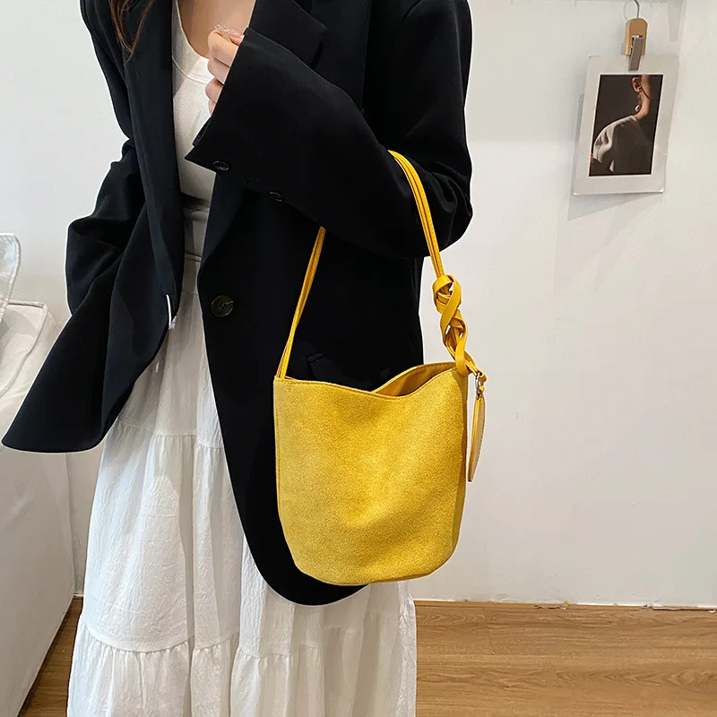 Solid Color Women Suede Shoulder Bucket Bags Large Capacity Versatile Ladies Underarm Tote Casual Female Phone Handbags Purse view 2