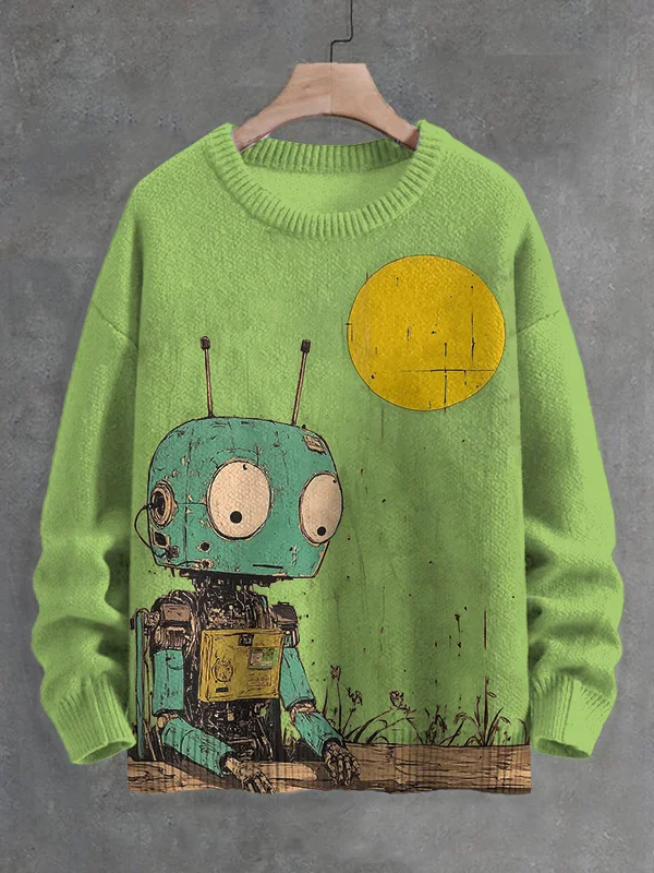 Men's Retro Cute Little Robot Art Print Knit Sweatshirt Pullover Sweater Women For Men Sweater