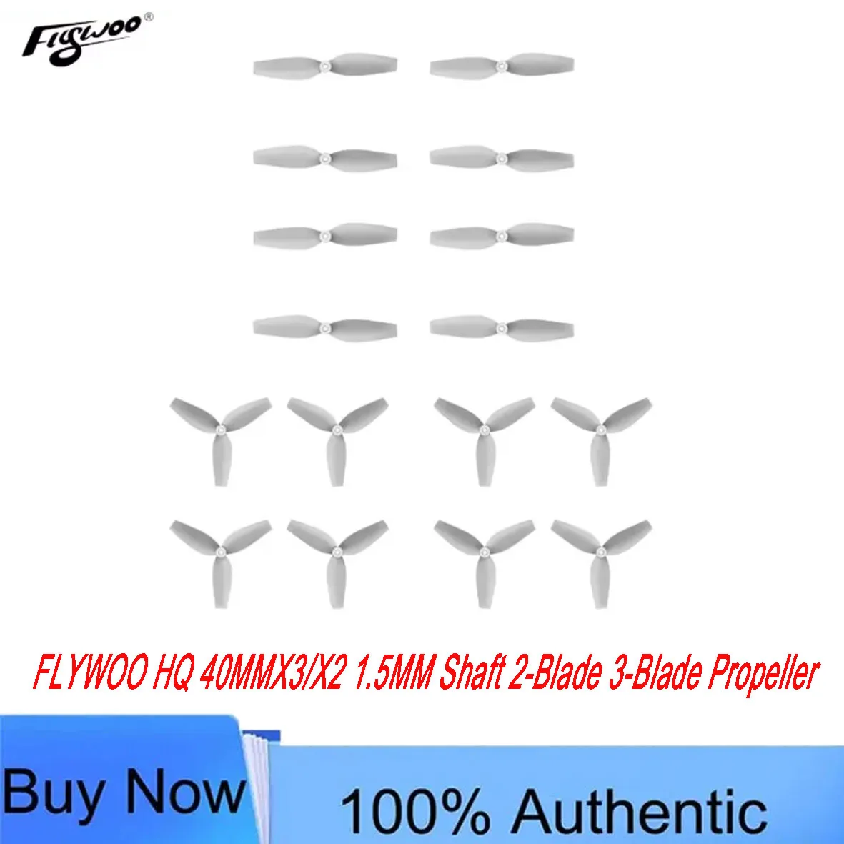 FLYWOO HQ Propeller for Micro FPV Drone - 40mm X2/X3, 1.5mm Shaft (2-Blade/3-Blade, Grey, 8-Pack)