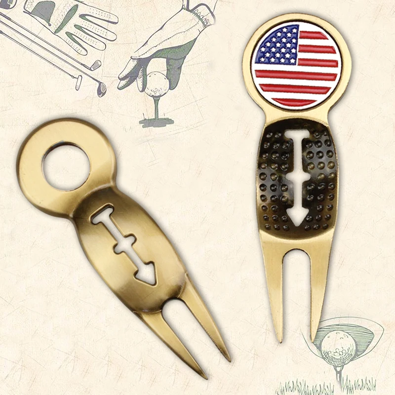 Crestgolf Practical Golf Divot Repair Tool Pitch Fork Golf Ball Liner USA Flag Ball Marker Golf Gift
