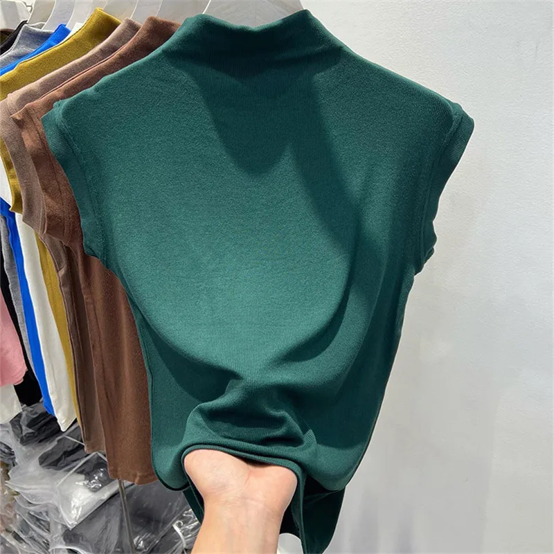 Spring Summer Hit Ladies' Knitted Sleeveless Half High Collar T-shirt Slimming Base Layer Shirt Pure Color Fashionable Commut...
