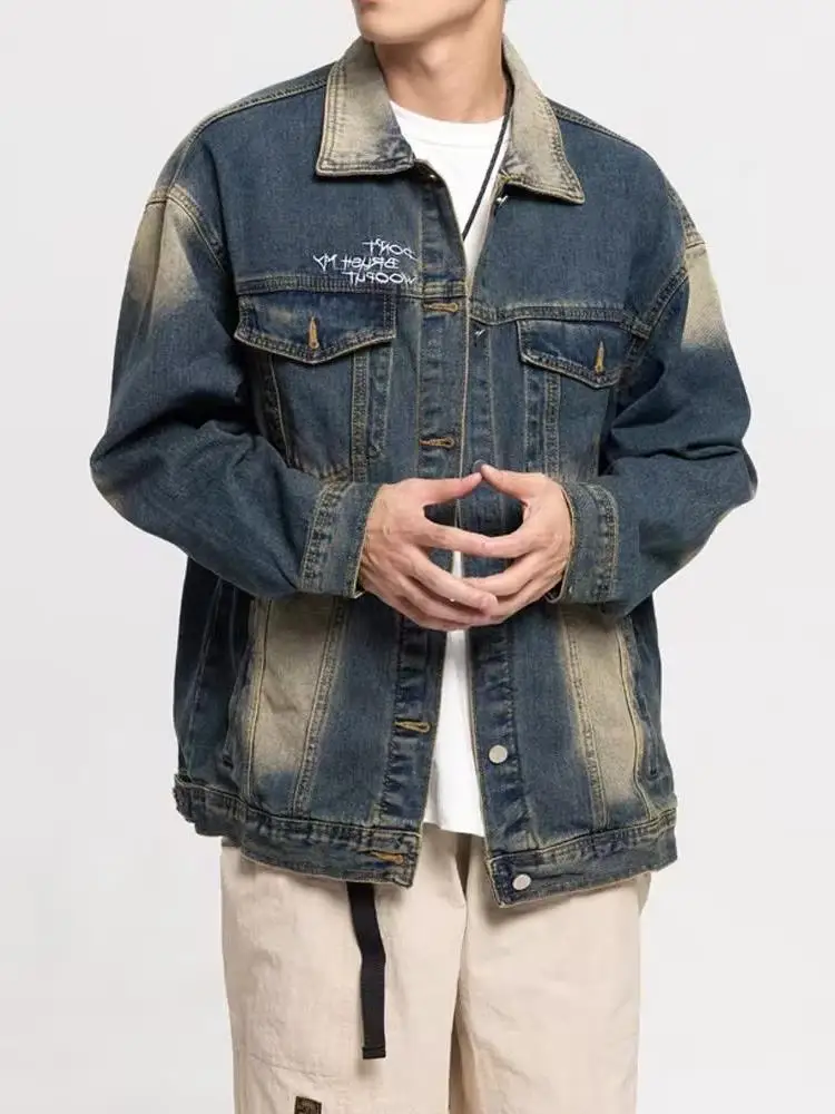 

Retro American Waed Denim Jaet Men's Slim Fit Sli Large Size Top irt Jaet Faion Urban Spring Autumn Winter