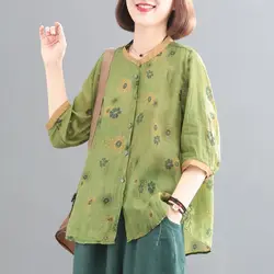 Summer Literary Vintage Ethnic Style Printing Cotton Shirt Ladies Half Sleeve Loose Casual All-match Pullovers Women Blouse Top