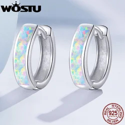 WOSTU 100% 925 Sterling Silver Round Ear Clip Circle Hoop Earrings Opal Earrings For Women Wedding Luxury Jewelry Gift CQE861