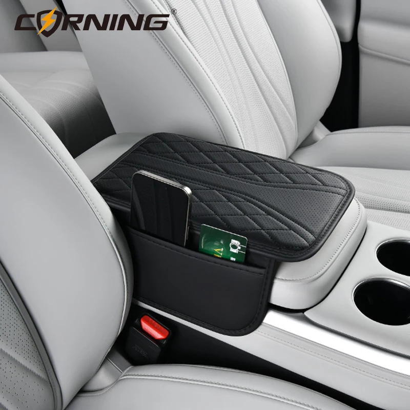 PU Leather Car Armrest Pad with Side Storage Bag Durable Interior Car Accessories Fashionable Armrest Pad Vehicle Storage Soluti