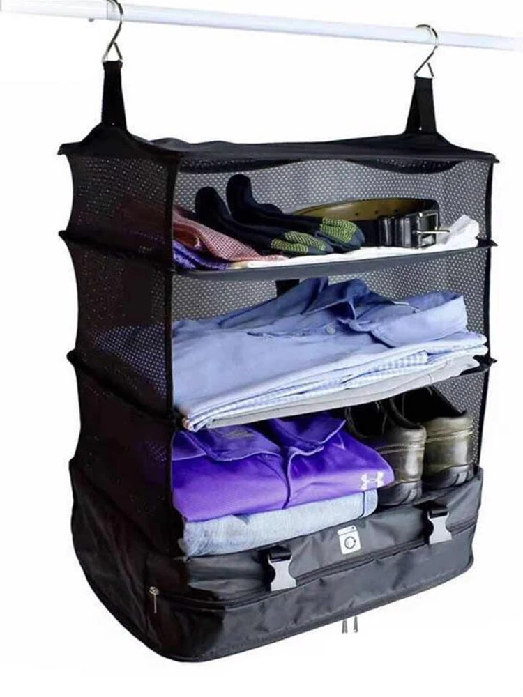 3-lagiger, faltbarer Hänge-Organizer für Reisen – Multifunktionale Aufbewahrungstasche für Kleidung und Toilettenartikel – Detail 5