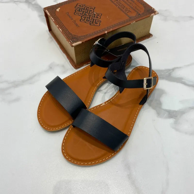 Leather Sandals for Women Flat with Summer Shoes Woman Retro Solid Round To Comfortable Casual Anti Skidding Beach Sandalias