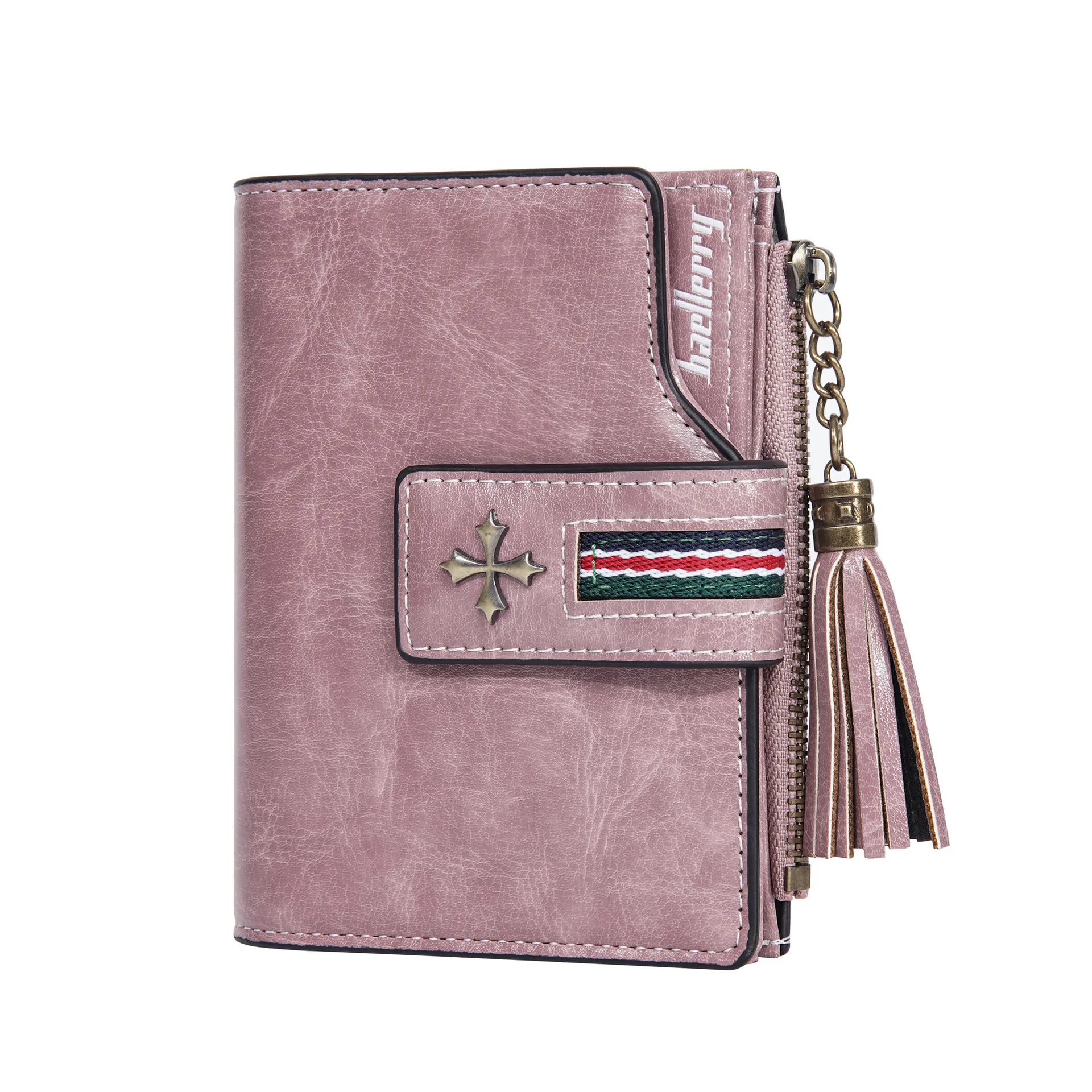 Neue PU-Damenbrieftasche mit Ölwachs-Lederquasten, Modische Dreifach Gefaltete Kurze Geldbörse, Mehrfach-Fach Reißverschluss-Münzbörse – Detail 14