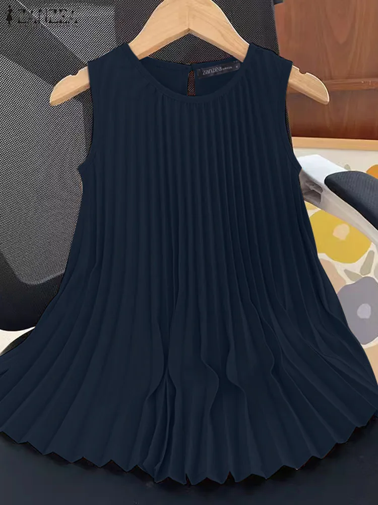 2025 Summer Casual Loose Sleeveless Tunic ZANZEA Women O-neck Tank Tops Korean Fashion Pleated Tanks Sweety Solid Color Camis