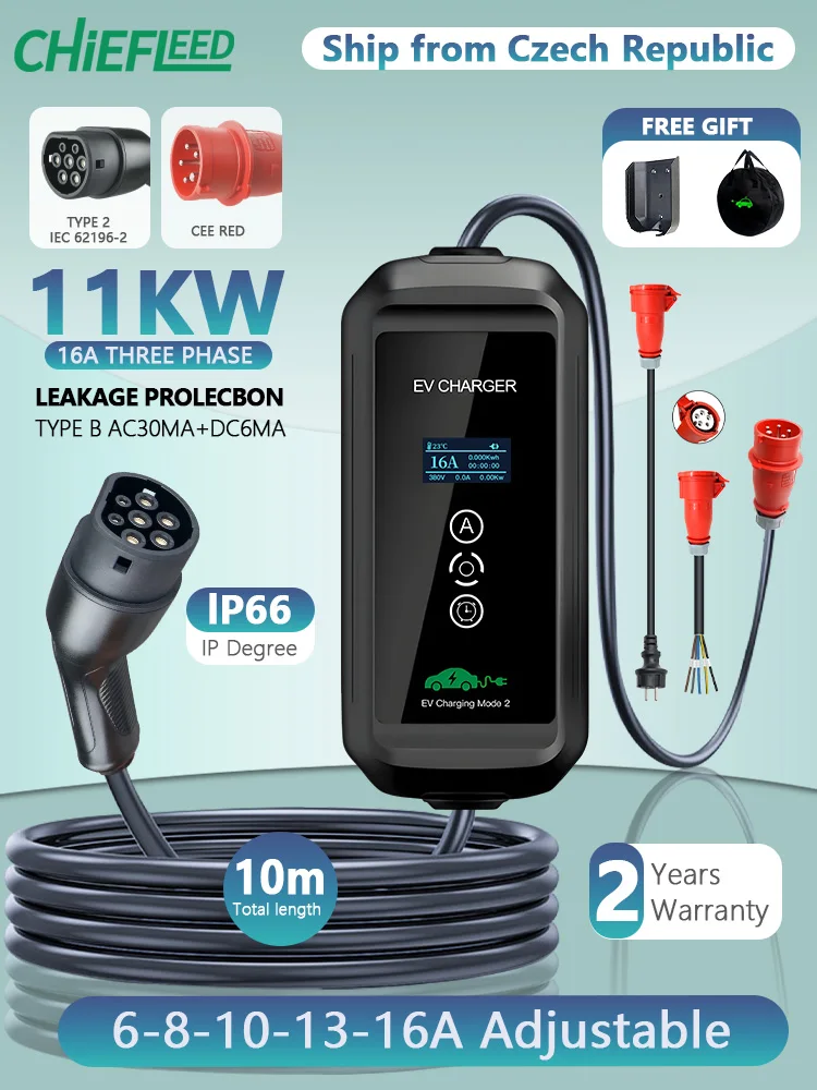 Chiefleed Tragbares EV-Ladegerät 16A 11kW Typ 2 Typ B Schutzzeitverzögerung 1-15 Stunden Heimladestation für Elektrofahrzeuge 10M