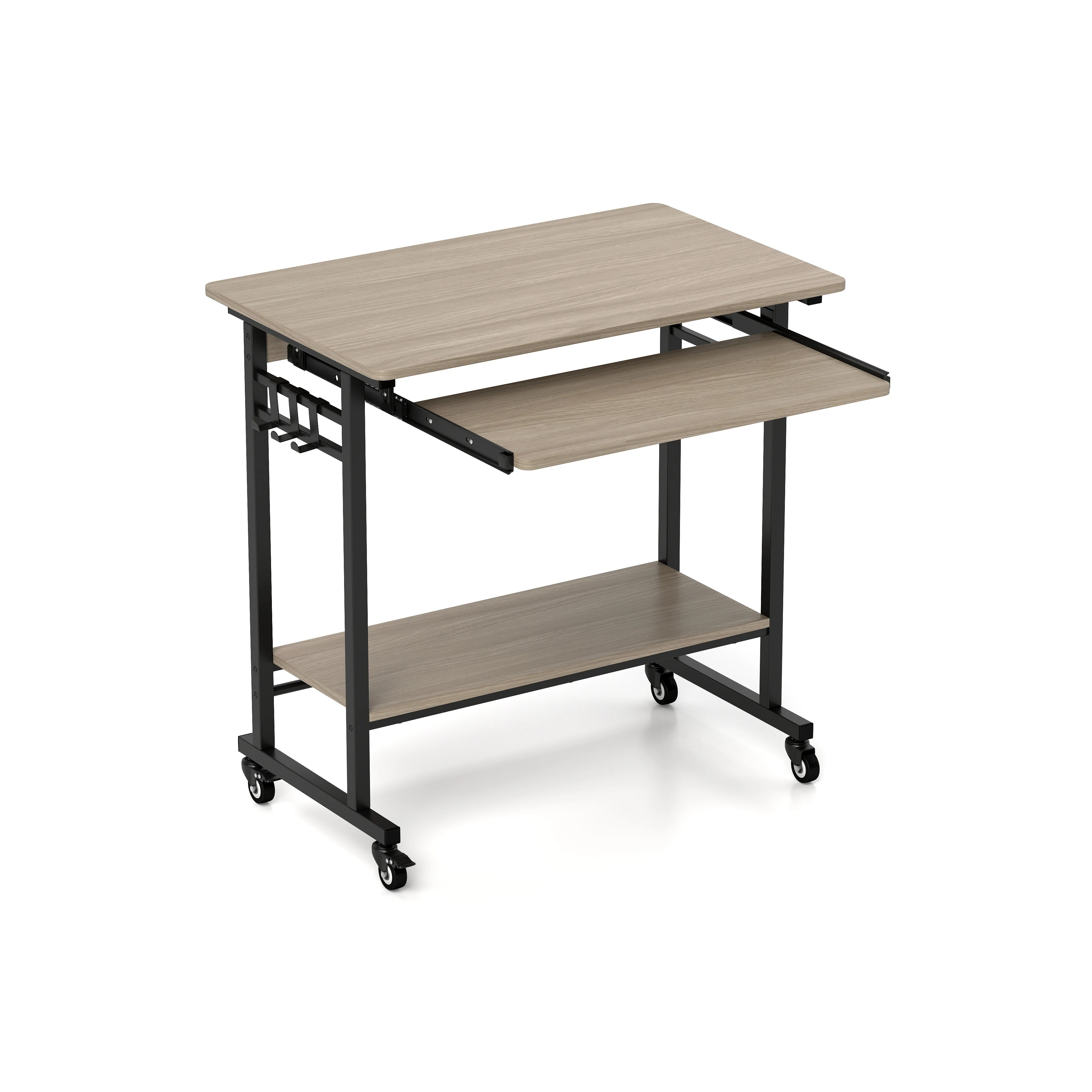 

Мобильный столик для ноутбука с выдвижной полкой для клавиатуры, нижней полкой, 3 крючками и 4 универсальными колесами