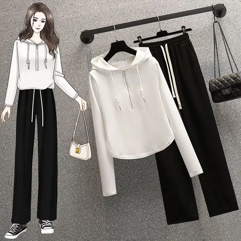 

Suit Women 2024 Spring/Summer New Korean Version Fat Sister Casual Sports Hoodie Wide Leg Pants Two Piece Set Fashion