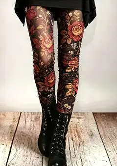 Women's Black Floral Print Leggings White Flower Vintage Stretchy Slim Fit Skinny Pants Large Bloom Bodycon Trousers