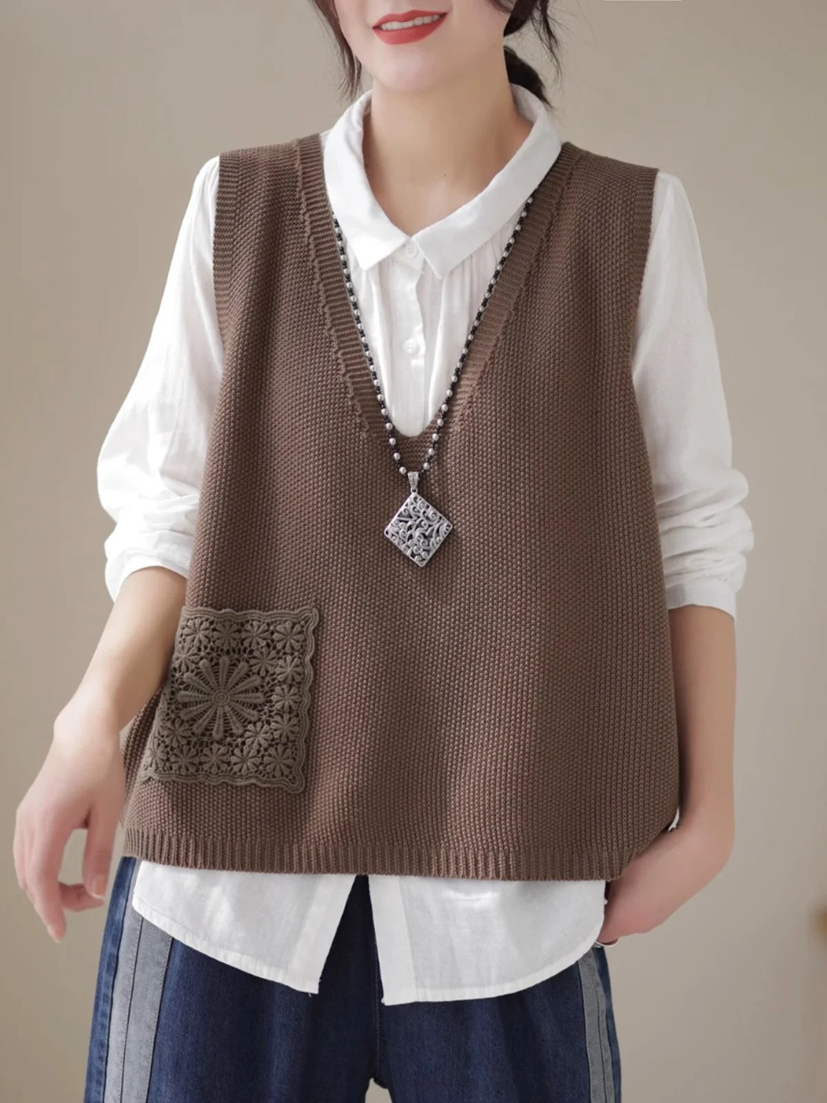 

Loose Knitted V-Ne Open Cardigan Women's Top Svel Artistic Hollow out ket Spring Autumn Faion Casual Vest